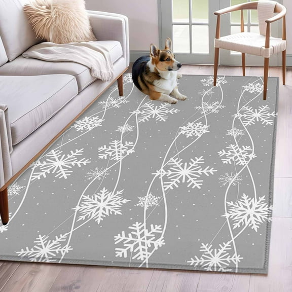 Grey Christmas Area Rug 4x6 Washable Rug Non Slip Winter Xmas Snowflake Wave Large Area Rug Indoor Floor Carpet for Entryway Bedroom Kitchen Living Room Home Office Dining Room Nursery