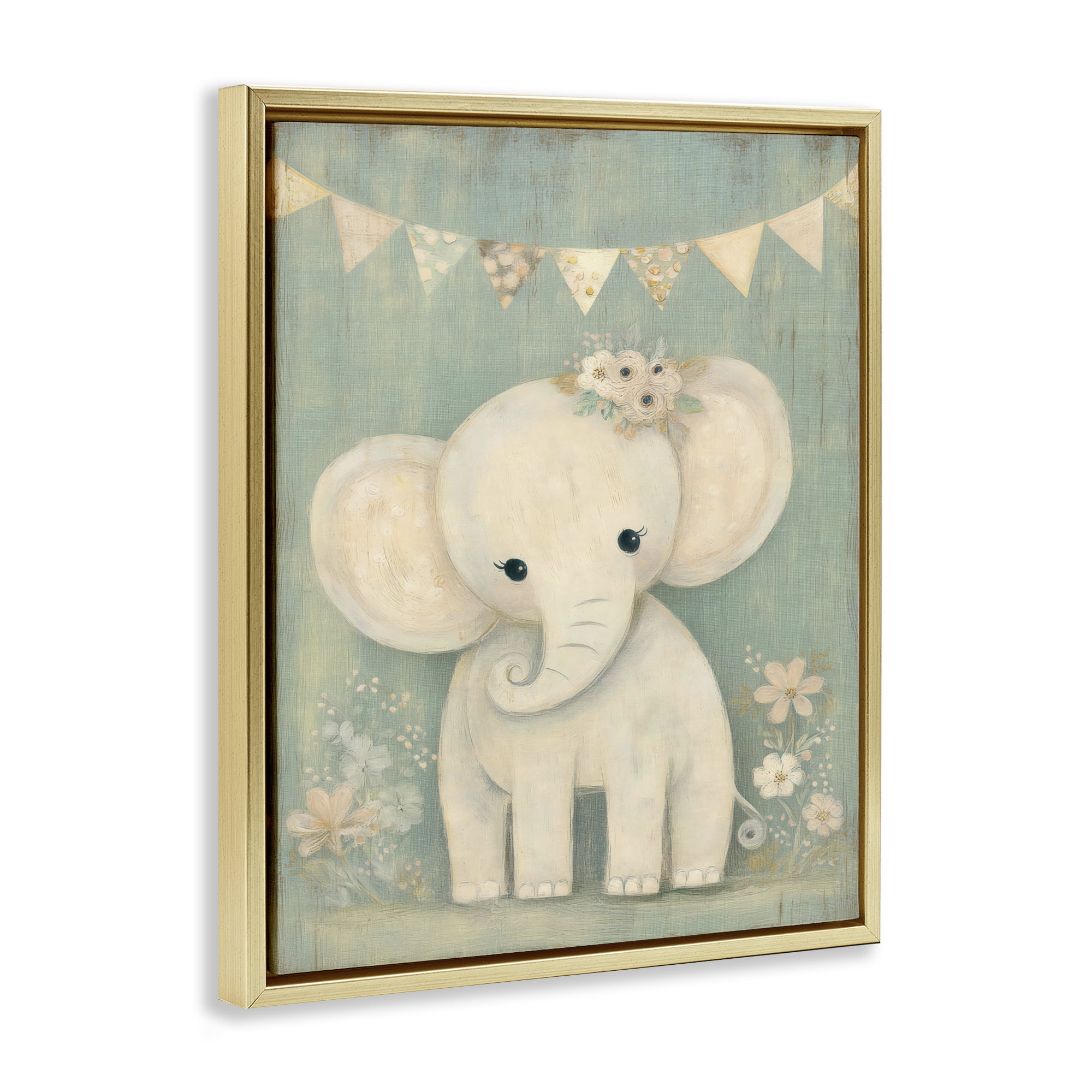 Stupell Industries Elephant with Overhead Banner Gold Framed Floater Canvas Wall Art, design by Ink Drop Loft
