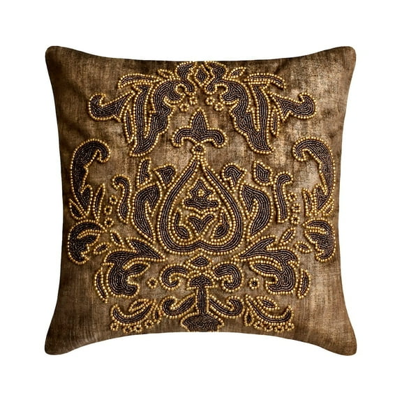 Pillow Covers, Brown 16"x16" (40x40 cm) Pillow Covers, Suede Foil & Beaded Throw Pillows For Sofa, Damask Pattern Modern Style - Aureate Brown