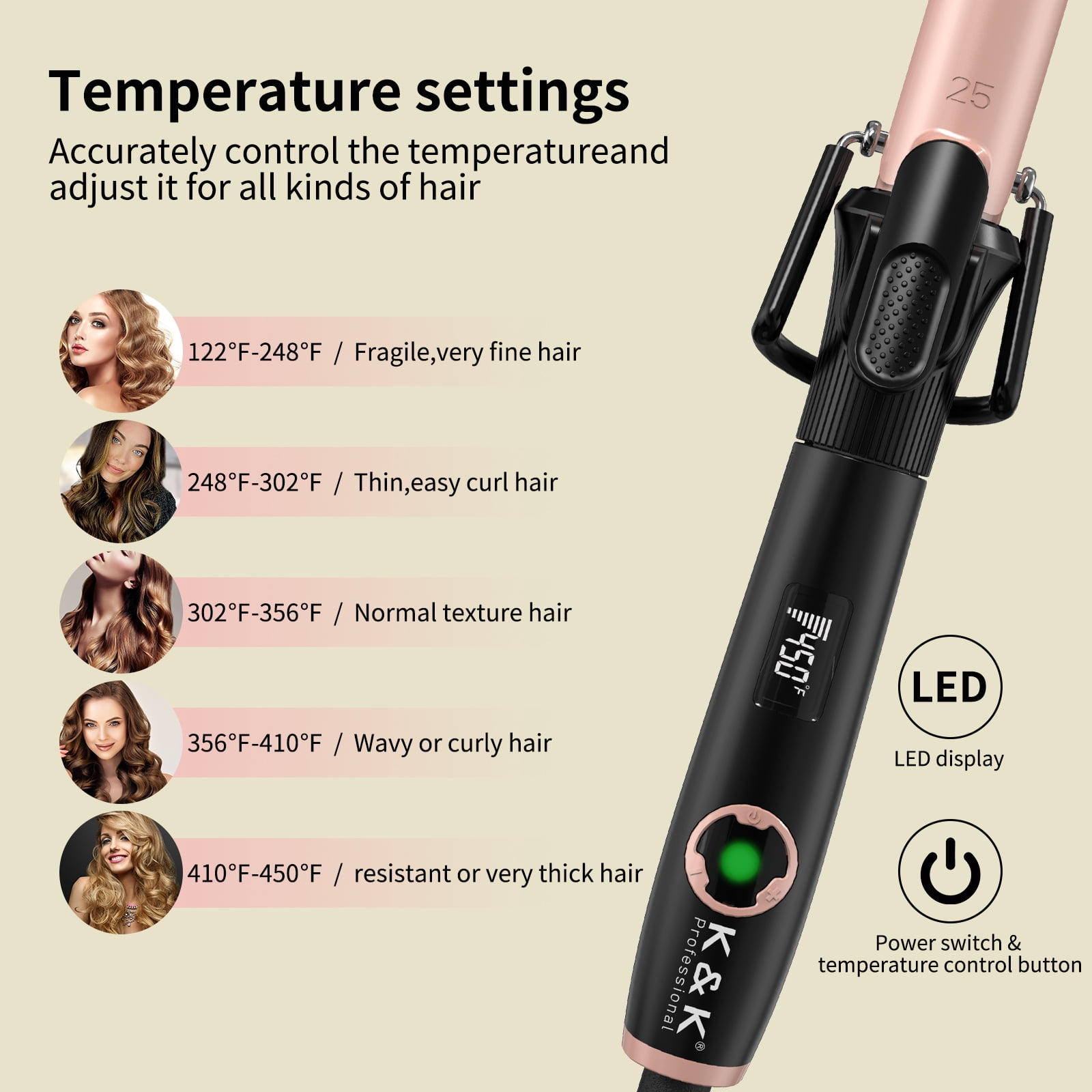 1 Inch Curling Iron with Clipped Tourmaline Ceramic Barrel Professional 1 Inch Hair Curler up to 450°F Dual Voltage for Traveling 60 Mins Auto Off Suit for Different