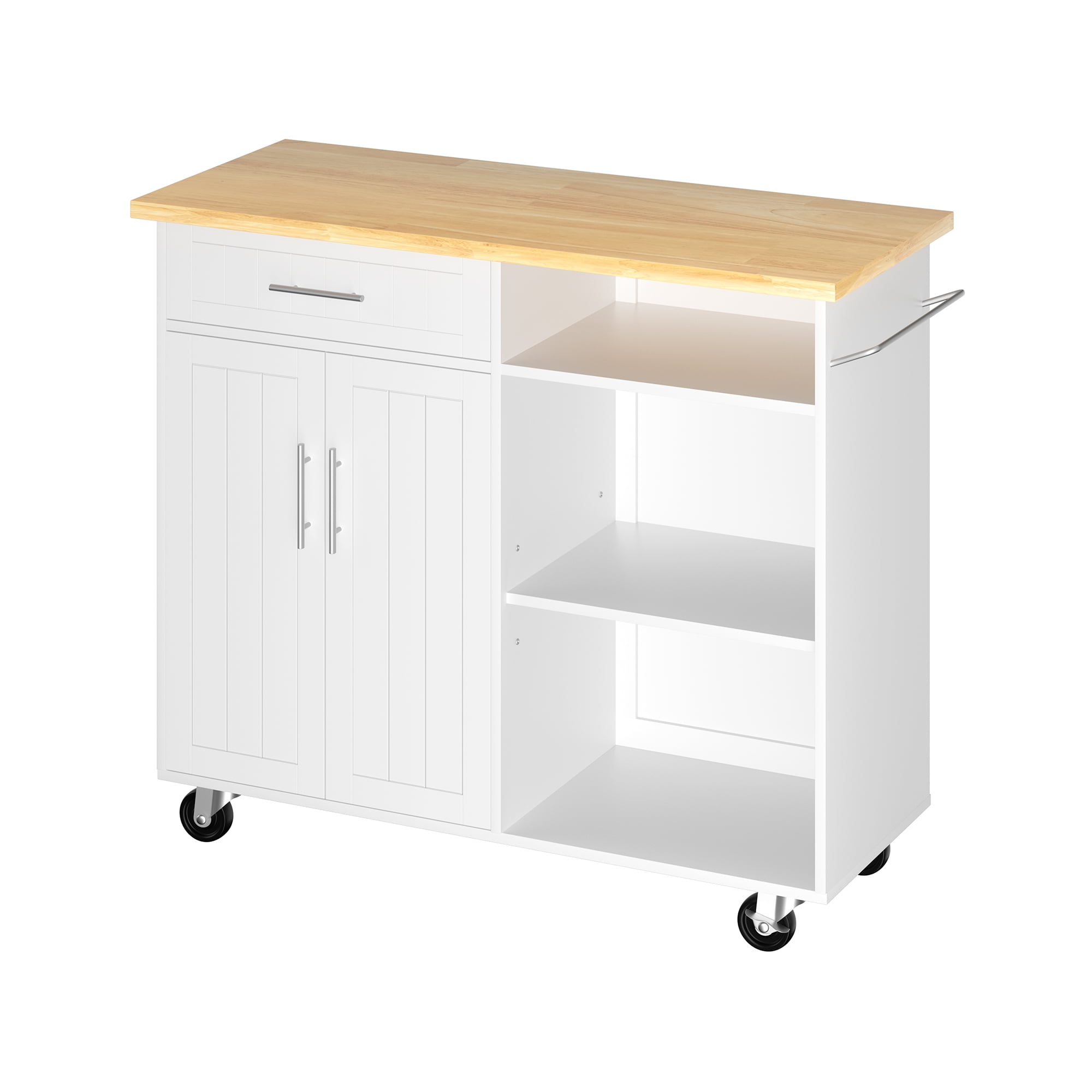 Walsunny 42" Kitchen Island Cart with Storage,Rolling Kitchen Island Side Table on Wheels with Large Worktop,Storage Cabinet,Towel Rack and Drawers,White