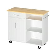 Walsunny 42 Kitchen Island Cart with Storage,Rolling Kitchen Island Side Table on Wheels with Large Worktop,Storage Cabinet,Towel Rack and Drawers,White