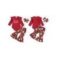 thumbnail image 2 of Baby Toddler Girl Christmas Outfit, 0 3 6 12 18 Months Letter Print Ruffle Long Sleeve Romper Santa Claus Plaid Flare Pants Headband 3 Piece Clothing Set, 2 of 9
