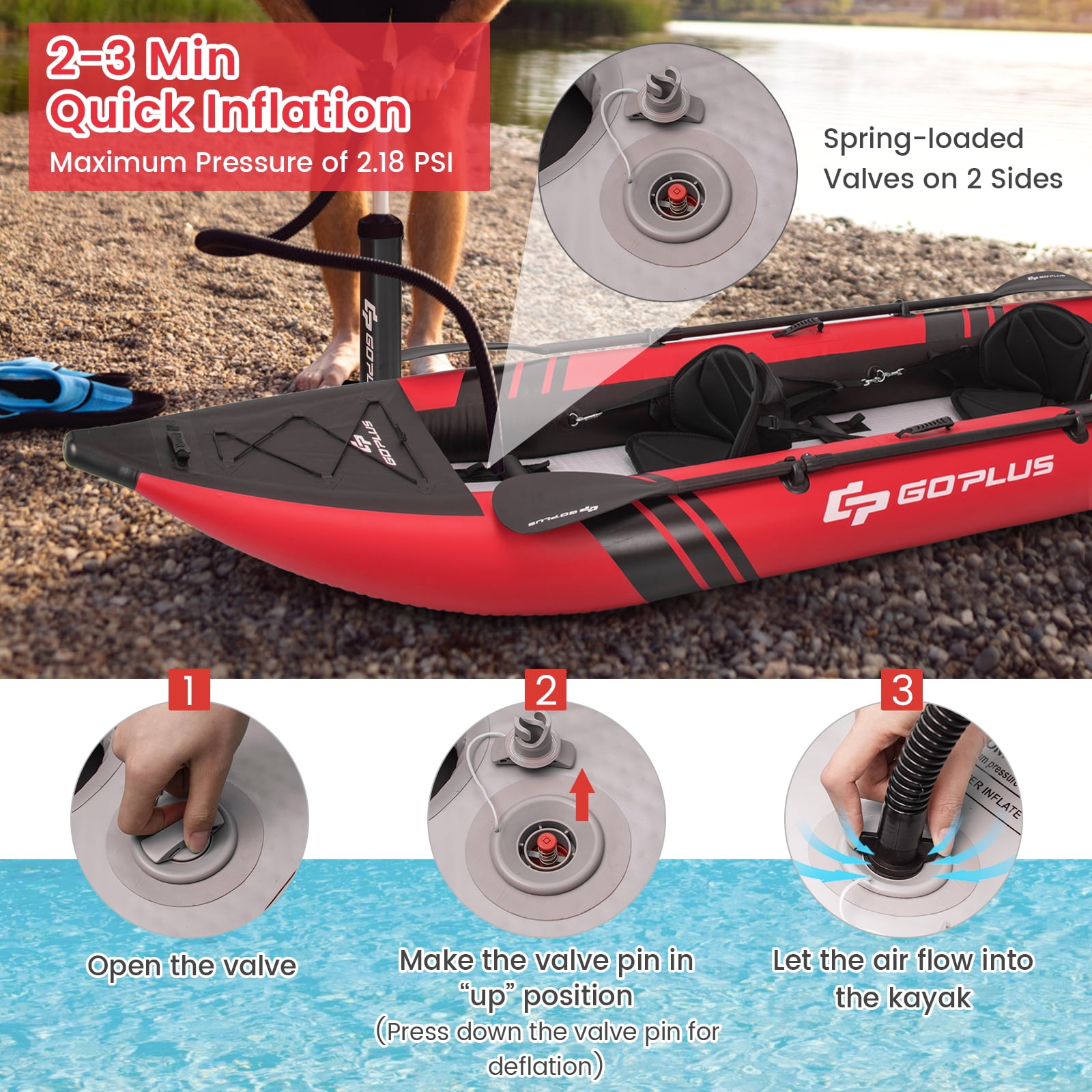 Goplus Inflatable Water Float Set Portable 2-person Kayak with Aluminium Oars EVA Padded Seat Red