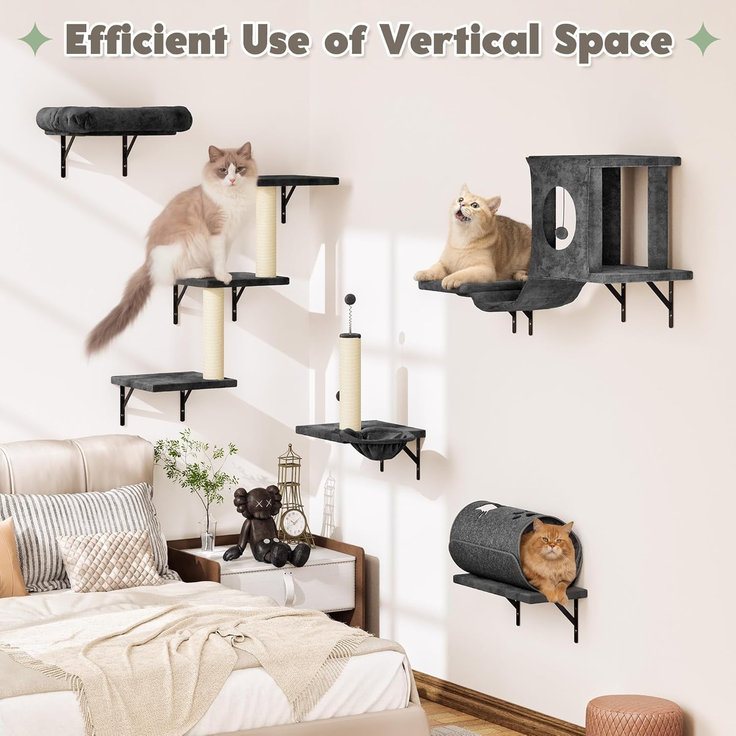 SONGMY 7-in-1 Wall Mounted Cat Climber Set, Cat Furniture Set with House, Bridge, Tree, Steps, Scratcher, DIY Playground, Shelves for Indoor Wall Furniture Set - Dark Gray