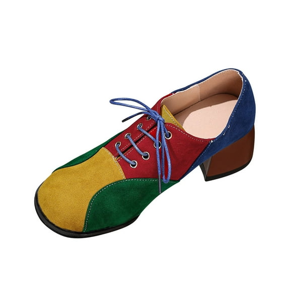 Gpaecead Women Color Blocked Lace Up Shoes Square Toe Faux Suede Vintage Chunky Heel Fall Winter Versatile Casual Shoes, Yellow