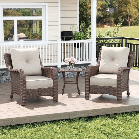LayinSun 3 Piece Wicker Outdoor Furniture Set with 6-inch Comfy Cushions, High Back Patio Furniture Set with Rattan Armchairs and Side Table