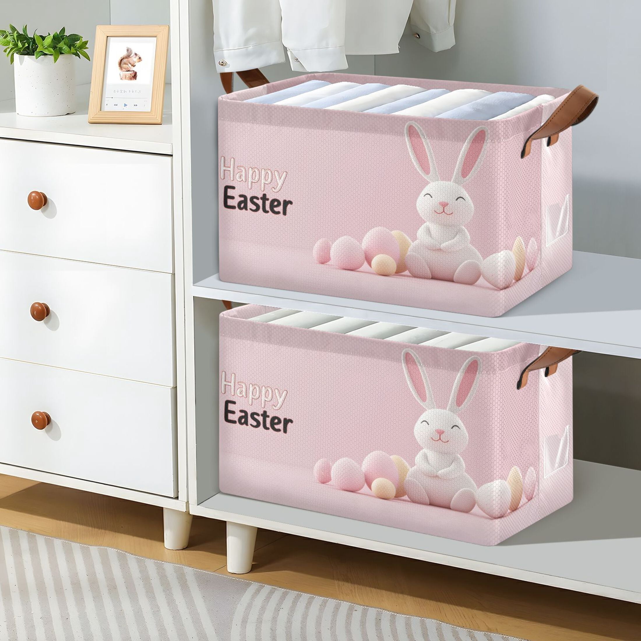Ryvnso Cute Happy Easter Rabbit Storage Bins Large Basket Foldable Cube Toys Organizer with Handles 2 PCs