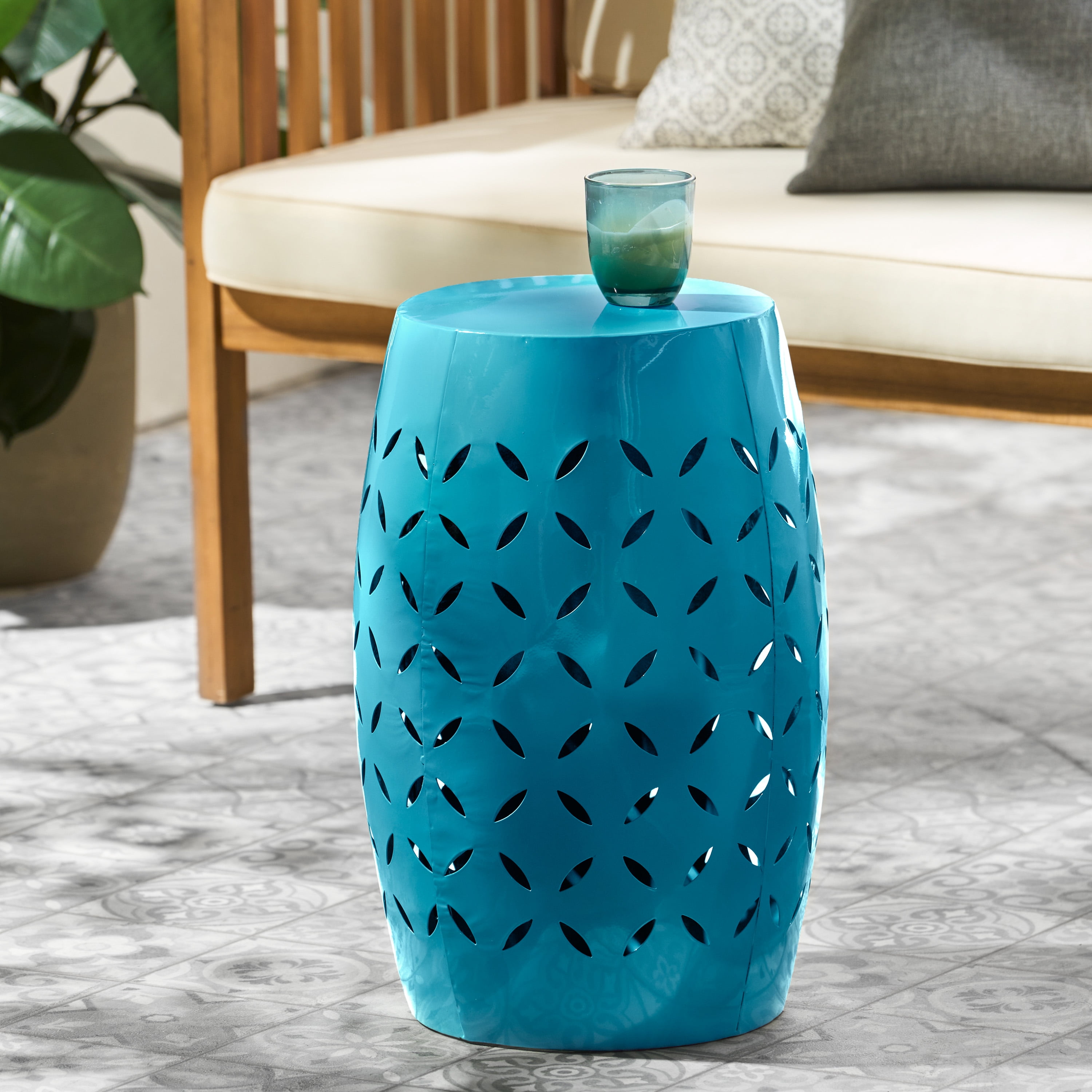 Accent Side Table 12 Inch, Outdoor Cylindrical Design End Table for Patio Balcony, Blue
