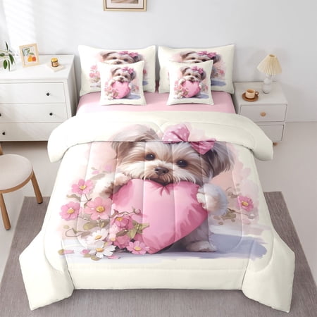 Homewish Yorkshire Terrier Daisy 7-Piece Twin Bedding Pink Polka Dot Bow Bedding Comforter Set Heart Decor Pink Reversible