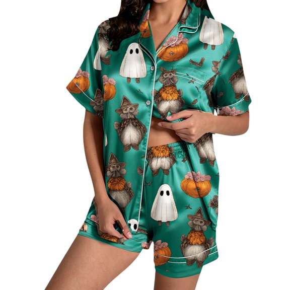 Halloween Pajamas Halloween Satin Pumpkin Pocket Button Nightwear Pajamas for Women Set