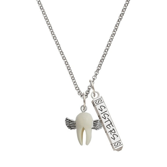 Delight Jewelry White Tooth with Wings - Tooth Fairy Silvertone Sisters Best Friends Forever Bar Charm Necklace, 23"