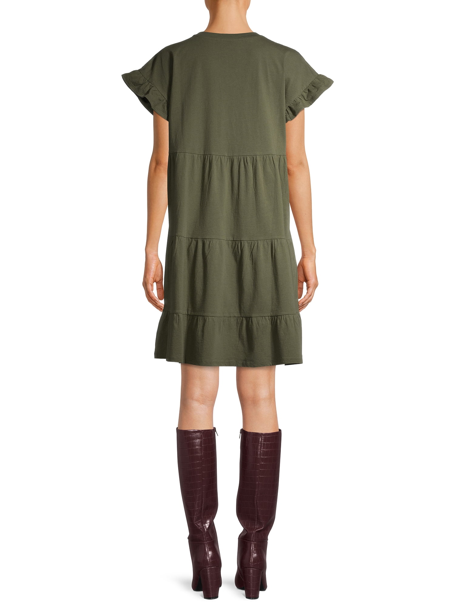 Time and Tru Women's Flutter Sleeve Knee Length Tiered Dress