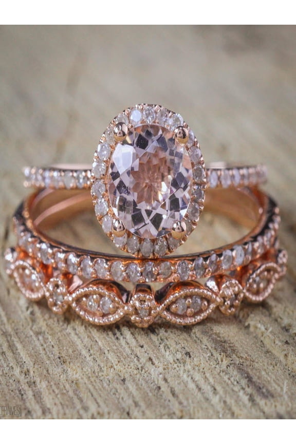 Sale 2 carat Antique Milgrain Round Morganite and Diamond Trio Ring Set in 10k Rose Gold with One Halo Engagement Ring and 2 Wedding Bands