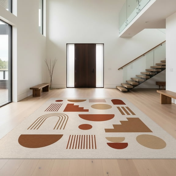 Design&I 8'x10' Washable Area Rug Beige Terracotta Modern Geometric Abstract Design Contemporary Art Inspired for Dining Room, Large Office, Lounge, Snag-Free