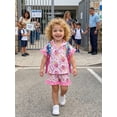 thumbnail image 5 of RUINIXCW Kids Toddler Baby Girls Silk Satin Back to School Pajamas Set Summer PJS Set Sleepwear Bow Pencil Printed Short Sleeve Button Down Shirt and Ruffle Shorts Set Homewear Loungewear 3-9 Years, 5 of 8