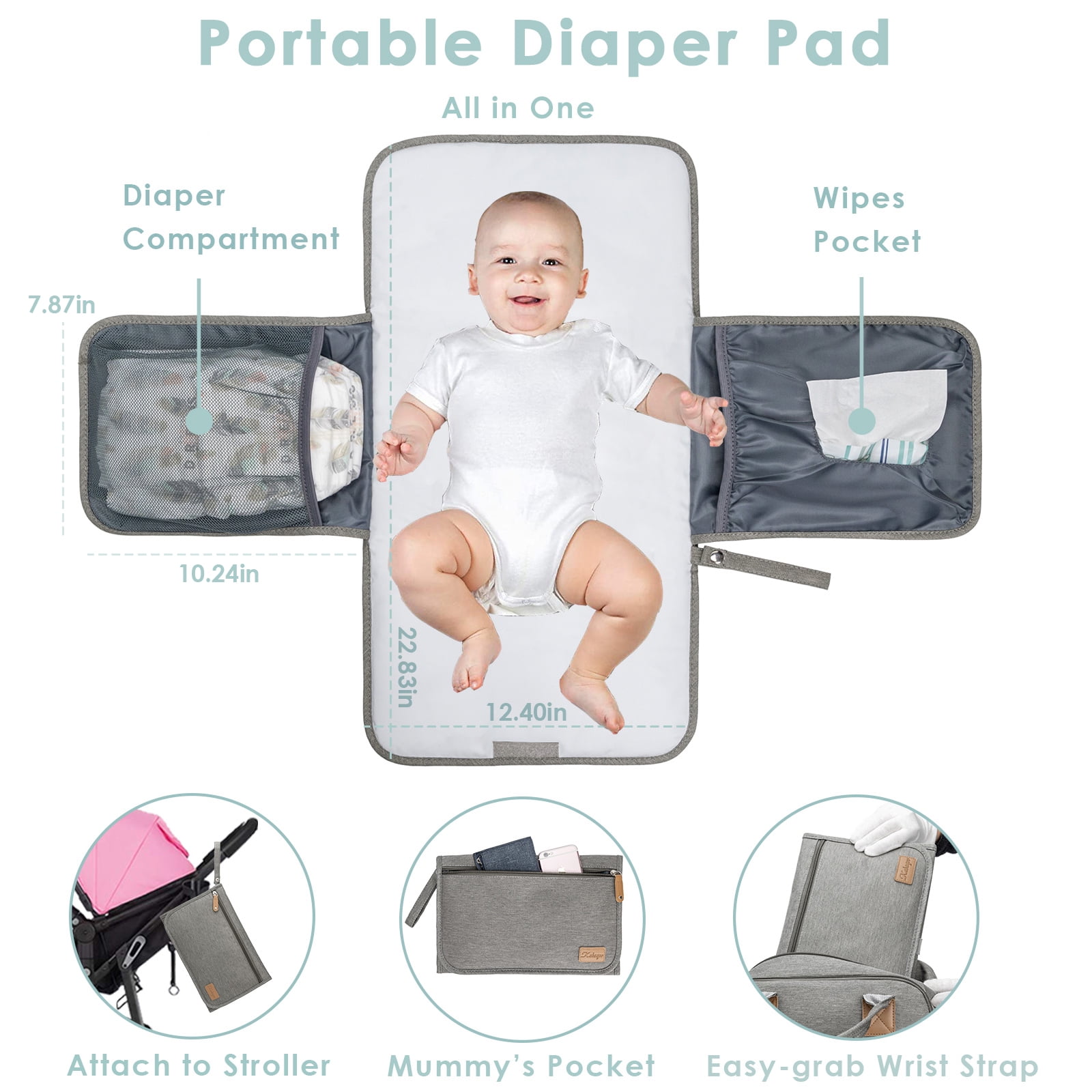 Kabaqoo Large Baby Diaper Backpack, Multifunction Waterproof Mom Bag with Changing Pad, Gray