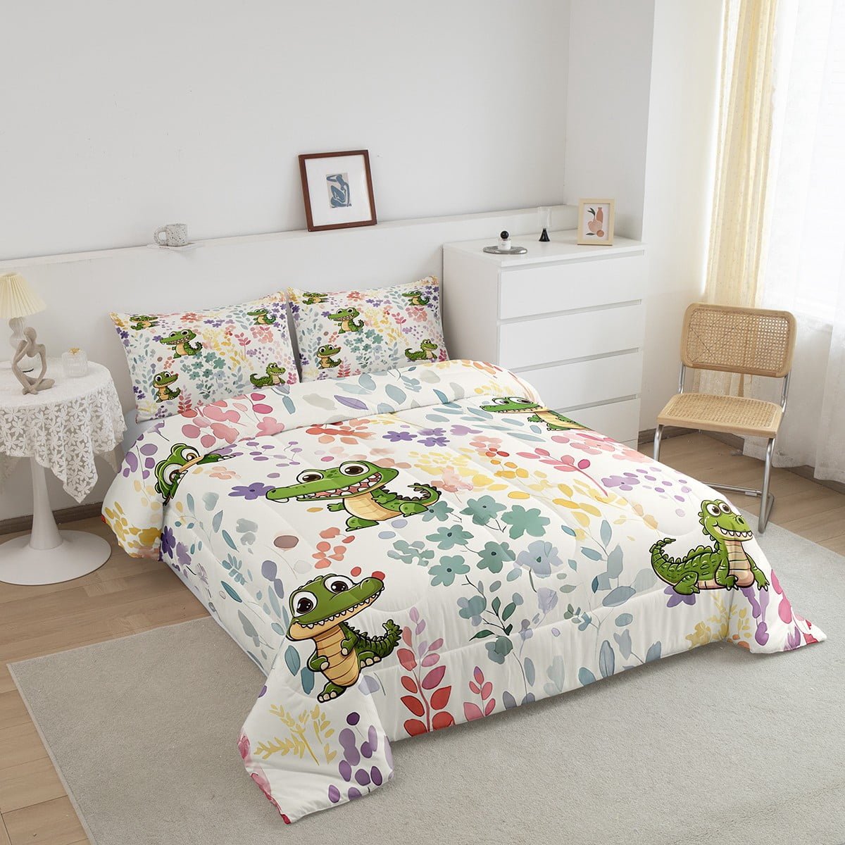 Kawaii Crocodile Bedding Set Twin Size,Cartoon Crocodile Flower Comforter Set,Cute Colorful Floral Quilt Bed Set Wildlife Animal Down Comforter with 1 Pillowcase