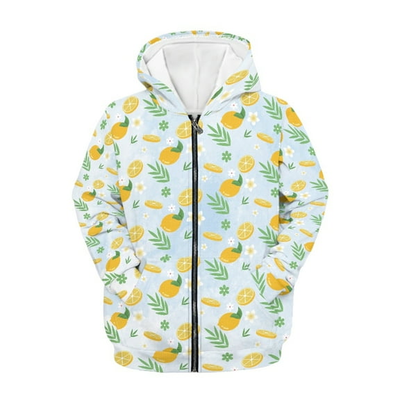 Xoenoiee Flower Lemon Print Kids Zip Up Hoodie for Girls Boys 6-7 Years Fall Outfits Hooded Jacket with Pocket Teens Youth Athletic Hoodies Long Sleeve Casual Coat Top