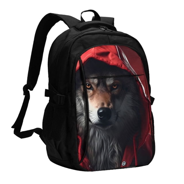 Balery Mysterious Hooded Wolf Mochila con carga USB para hombre y mujer - Mochila impermeable y antirrobo para portátil con puerto USB para viajes, trabajo, estudios y universidad