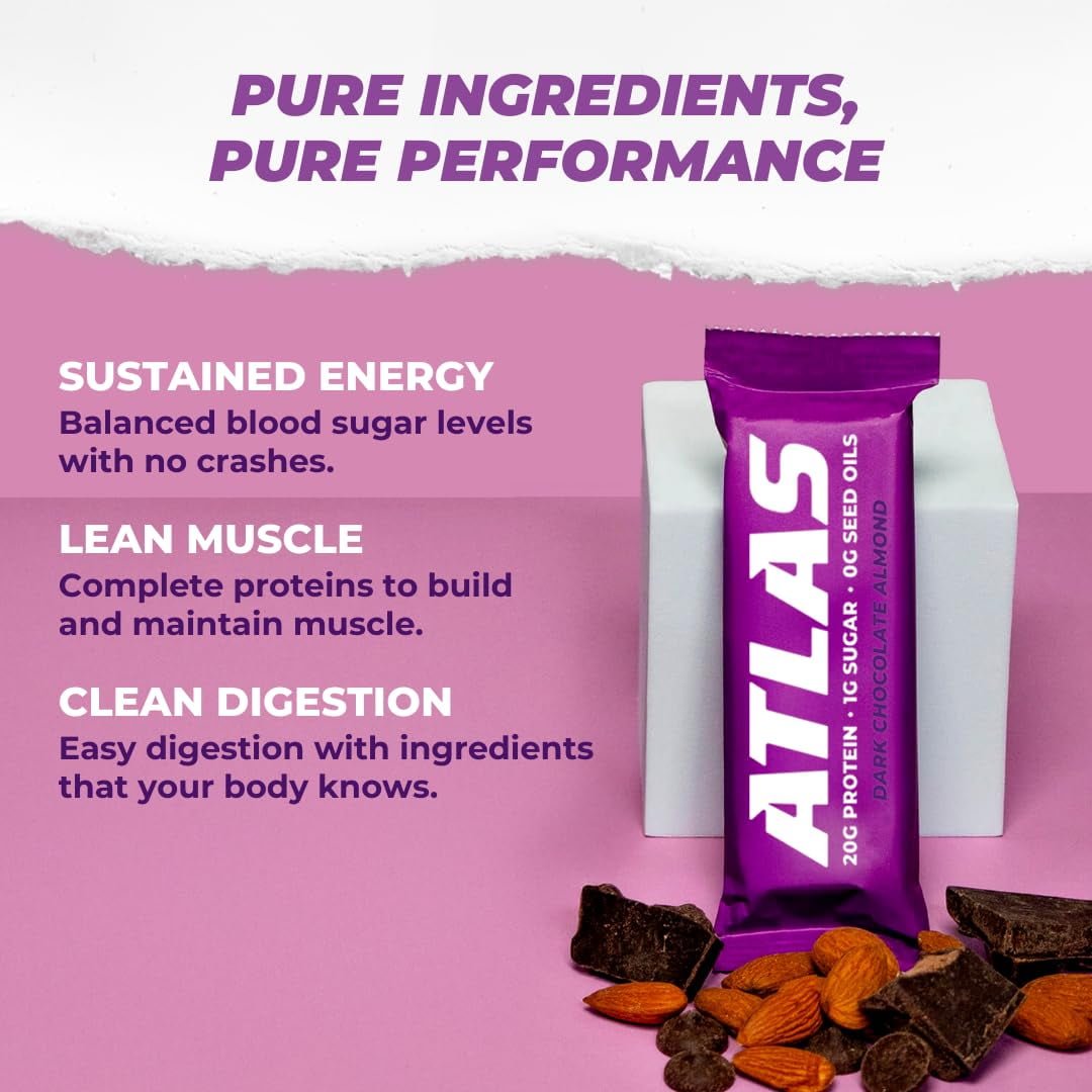 Atlas Protein Bar, Dark Chocolate Almond, 20g Protein, 1g Sugar, 0g Seed Oil, 12-Pack