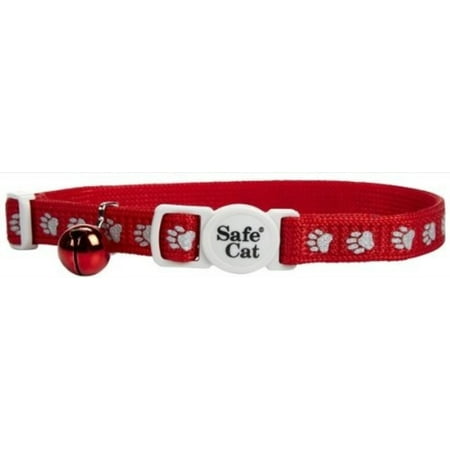 Cat Safe Reflective Adjustable Collar - Reflective Safe Cat collar - Red w/ Paw Prints, Adjustable breakaway reflective collar is help protect pet at night By Coastal Pet