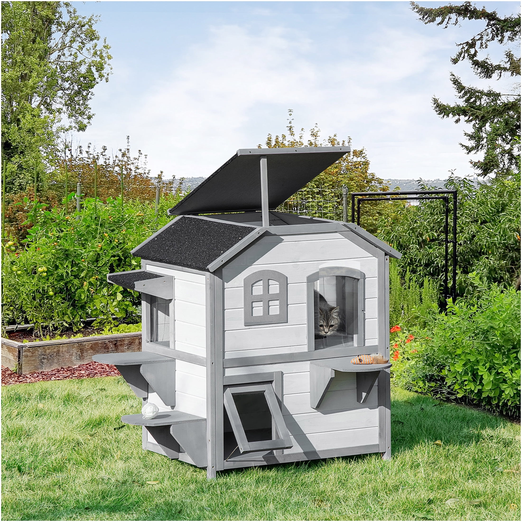JERFIT Outdoor Cat House, 2-Story Wooden Catio with Escape Door, Waterproof Asphalt Roof, Jumping Platforms, for Feral & Indoor Cats, Easy Assembly, White