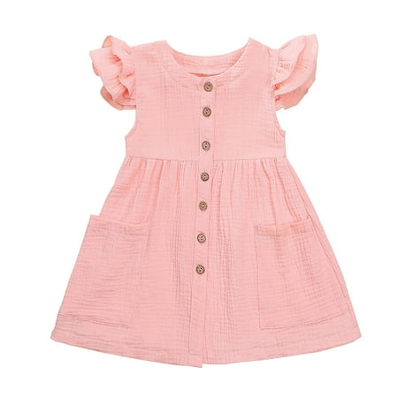 

Chaoren Girl Dress Ruffle Sleeve Large Hem Solid Color Buttons Bowknot Cotton Dress for Spring/Summer