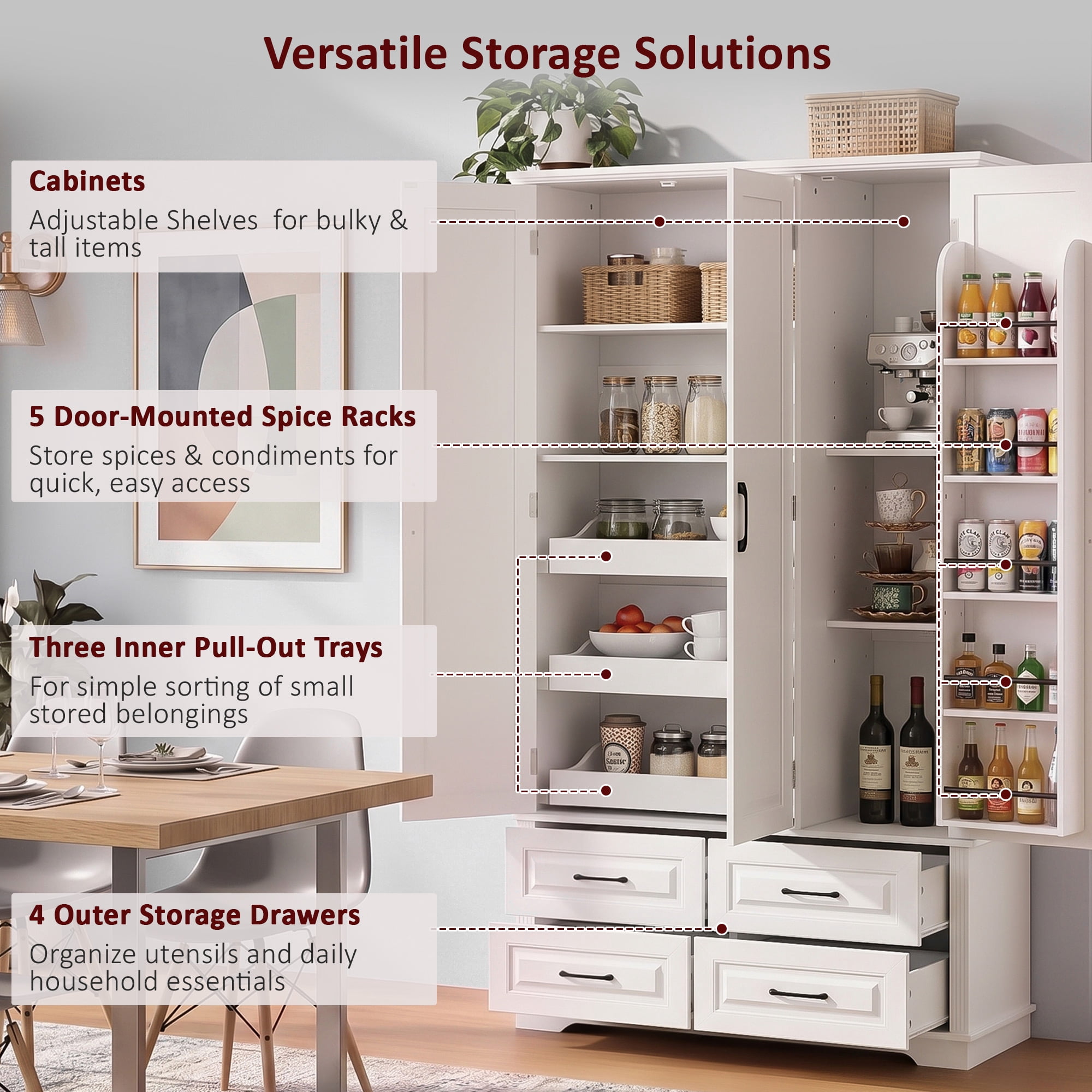 GARITIN 72 Inch Kitchen Pantry Cabinet with 3 Pull Out Trays, Farmhouse Embossed Wood Grain Storage Cabinet with 5 Door Racks, Freestanding Cupboard for Kitchen Dining Room, White