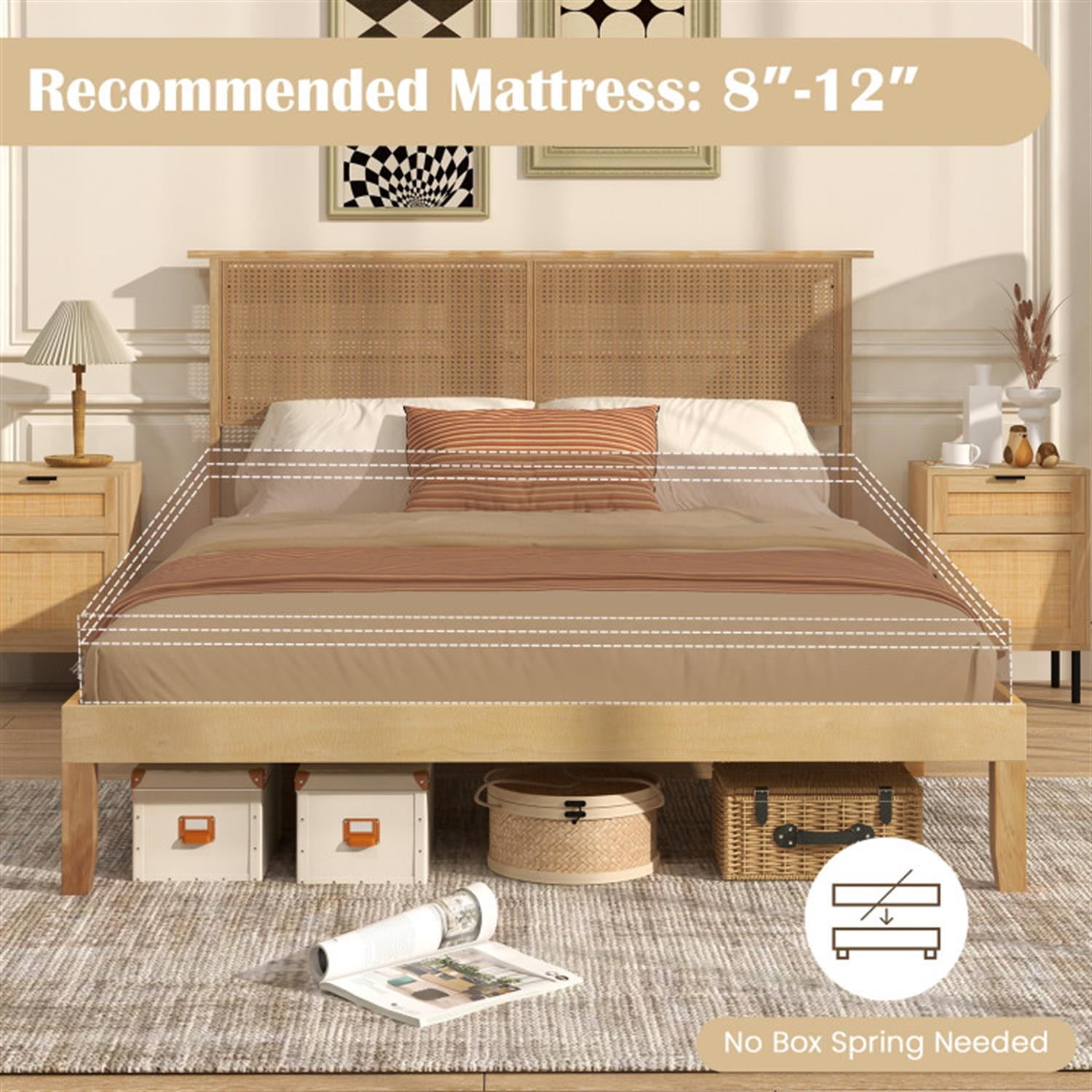 Demi Bonn Queen Size Bed Frame with Rattan Headboard, Platform Bed Frame with 12 Strong Wood Slat Support, No Box Spring Needed, Beige