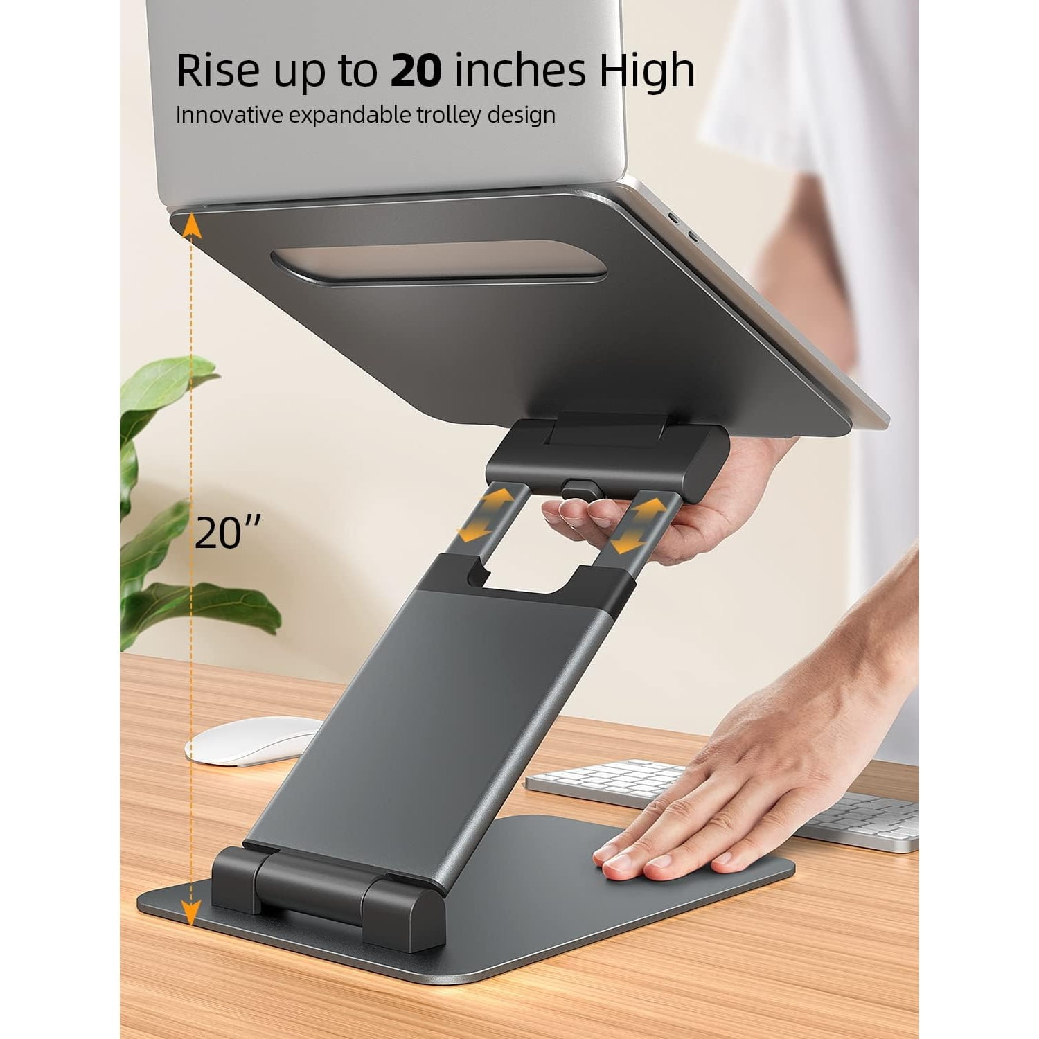 Height Adjustable Laptop Stand for Desk, Dual Foldable Aluminum Computer Riser, Pull Out Design Ergonomic Sit to Notebook Holder Convertor, Compatible with All 10-17" Laptops, Tablets, Gray
