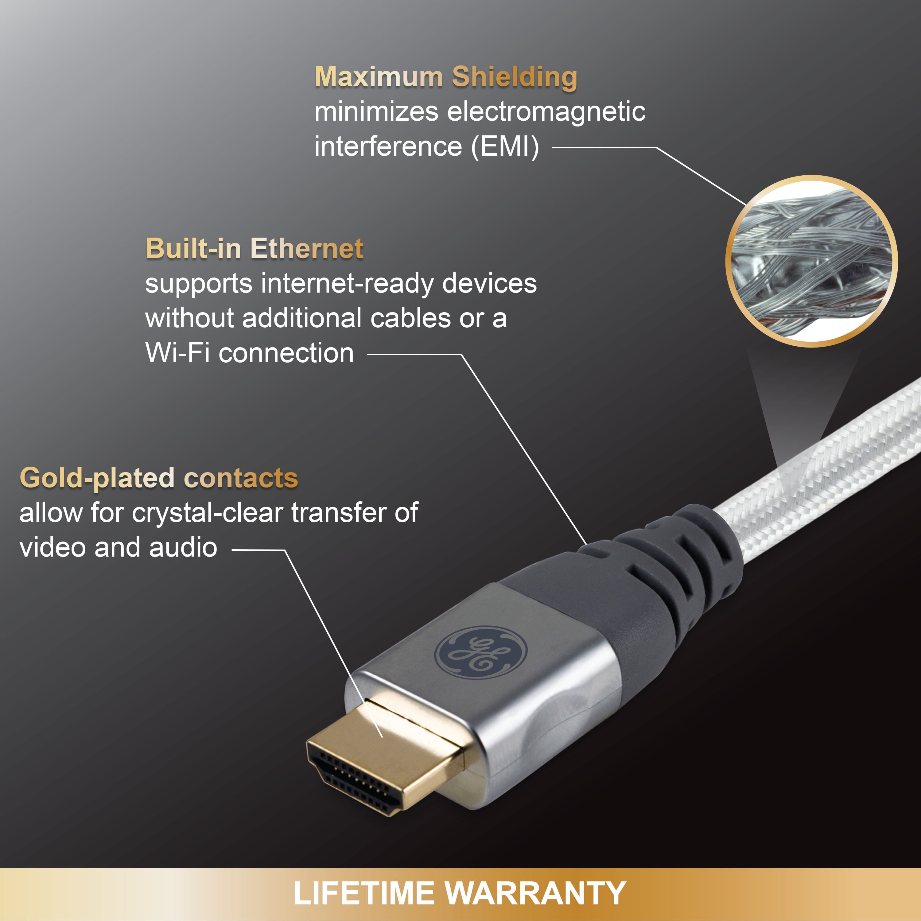 GE 4ft 4K HDMI 2.0 Cable with Built-in Ethernet, Gold-plated connectors,  48719 