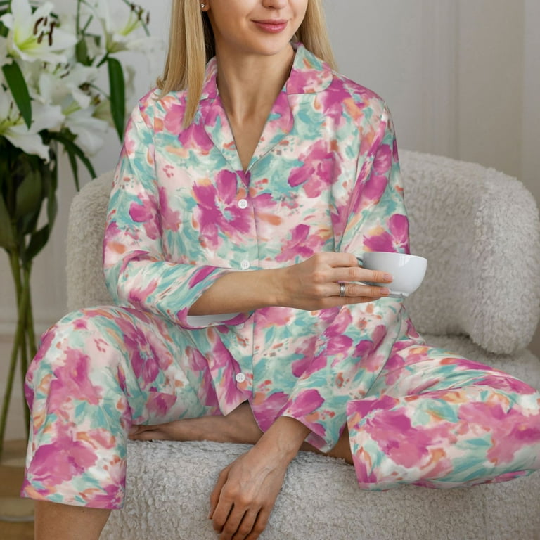 Zeuib Purple Watercolor Flowers Print Pajamas for Women Piece