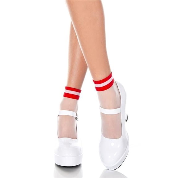 529-WHITE-RED Striped Sheer Ankle High, White & Red
