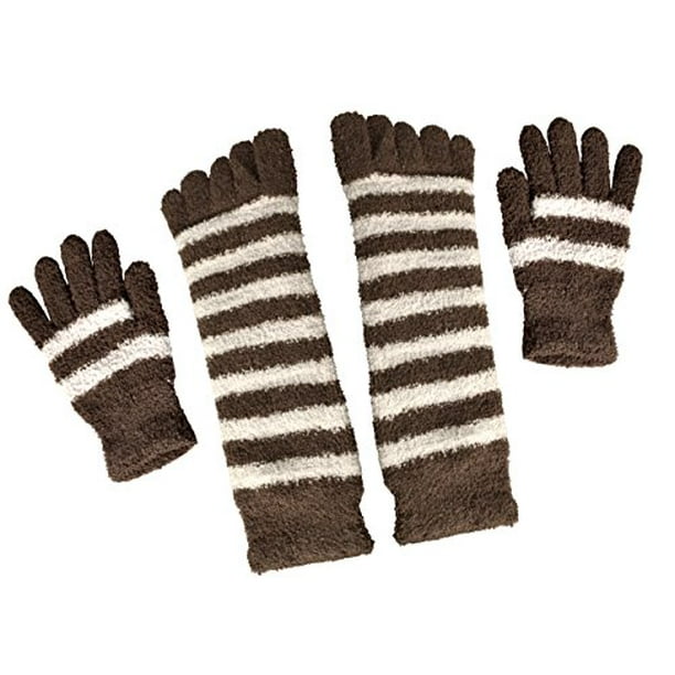 Peach Couture Winter Warm Striped Fuzzy Toe Socks and Gloves Pack (Brown) 