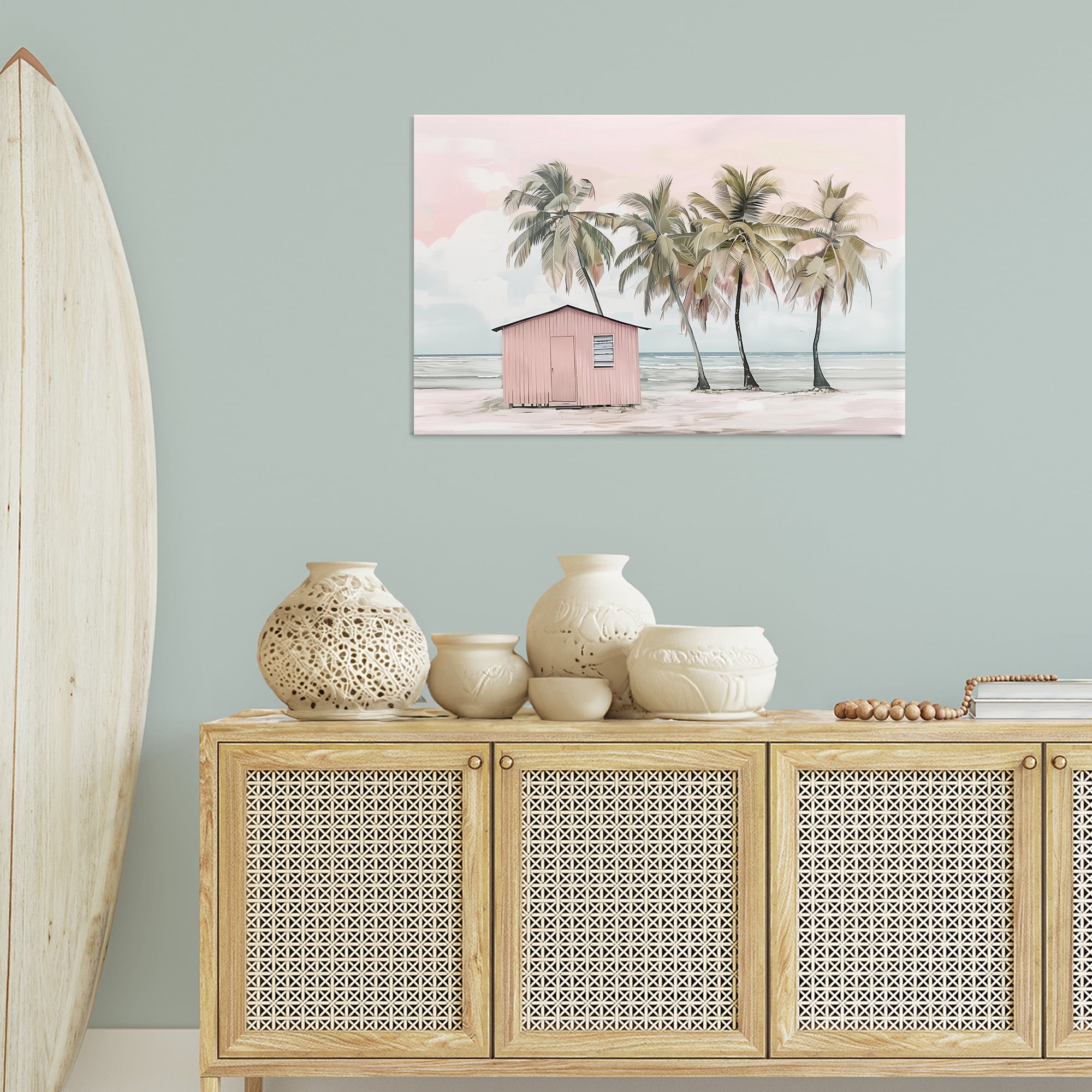 Stupell Industries Pink Beach Hut & Palms Nautical & Beach Painting Wrapped Canvas Art Print Wall Art, 36 x 24