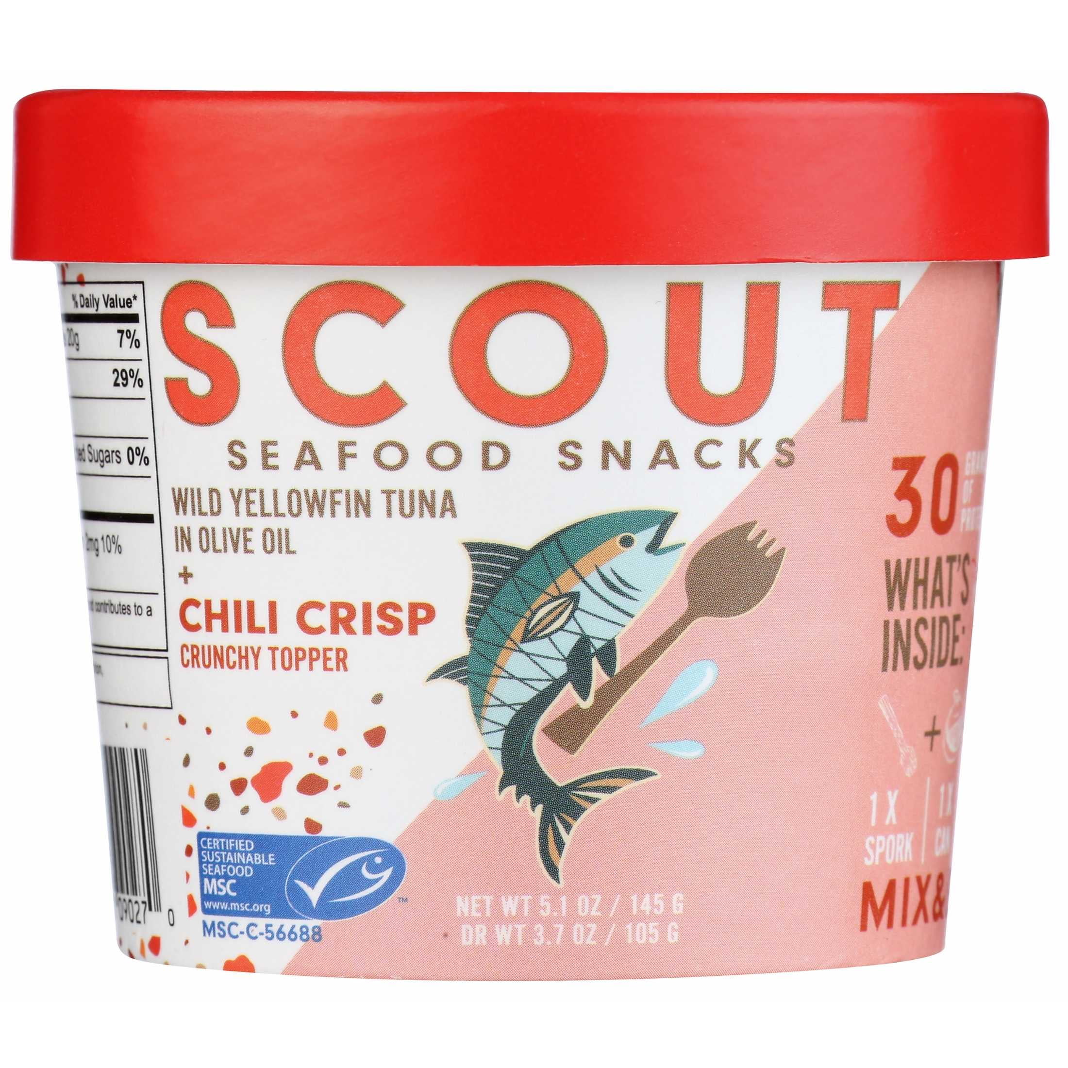 (4 pack) Scout Tuna Snack Kit, Chili Crisp, Wild Yellowfin Tuna + Crunchy Mix-in for 30g of Protein on the Go with Spork, 5.1oz Cup