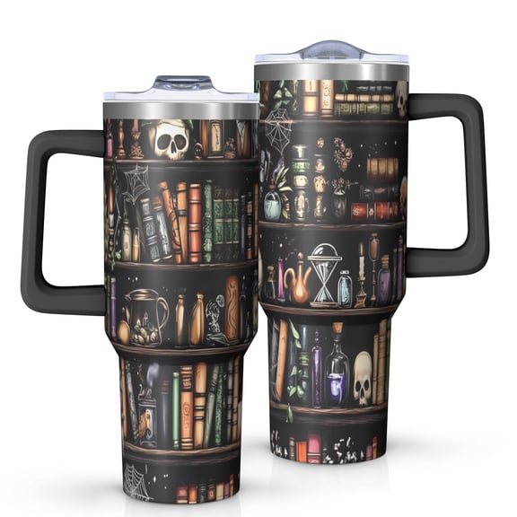 Black Halloween Skull Book Pattern Tumbler with Handle and Lid,40oz Double Wall Vacuum Insulated Tumbler,Cups Gift for Women and Men