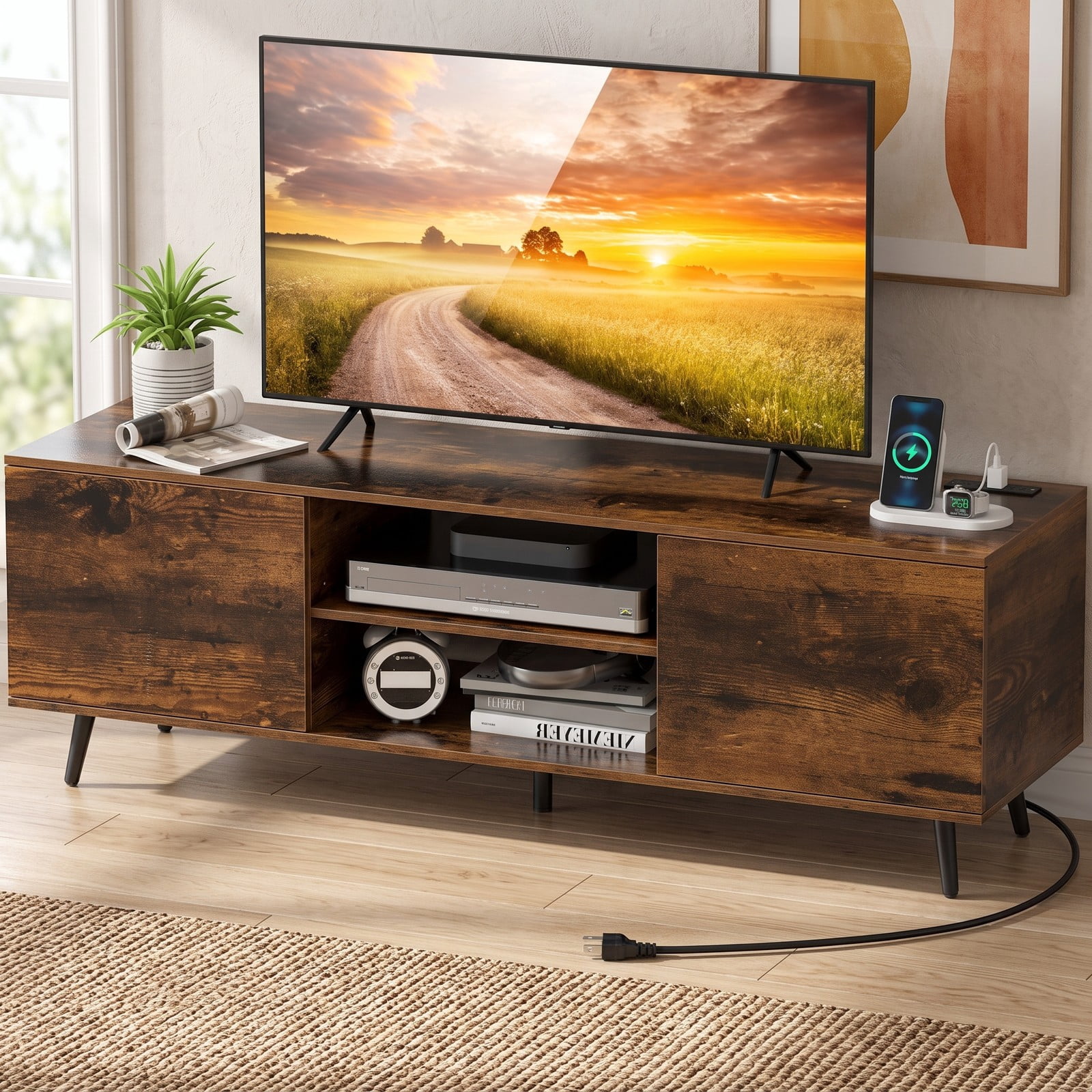 Furnibear TV Stand for 60 Inch TVs with 2 AC Power Outlets, USB-A & USB-C Charging Ports, 3-Position Adjustable Shelf, Media Console Entertainment Center, Rustic Brown