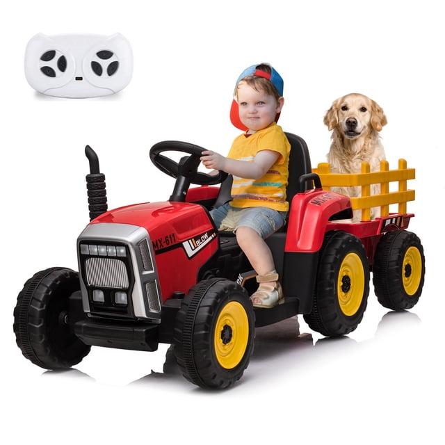 QinaQin Kids Electric Tractor Ride On, 12V Toy Vehicle with Detachable Trailer and Remote