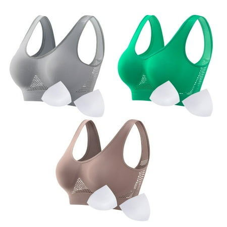 HCURIBAD Wireless Bras  Clearance! 3 Pack Women Seamless Sports Bra Breathable Wireless Up Bra with Pads Yoga Running Fitness Bralettes  Push up Bra Backless Bra Bras for Women Gray2 L