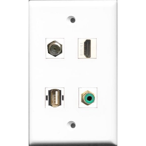RiteAV 1 Port HDMI and 1 Port RCA Green and 1 Port Coax Cable TV- F-Type and 1 Port USB A-A Wall Plate