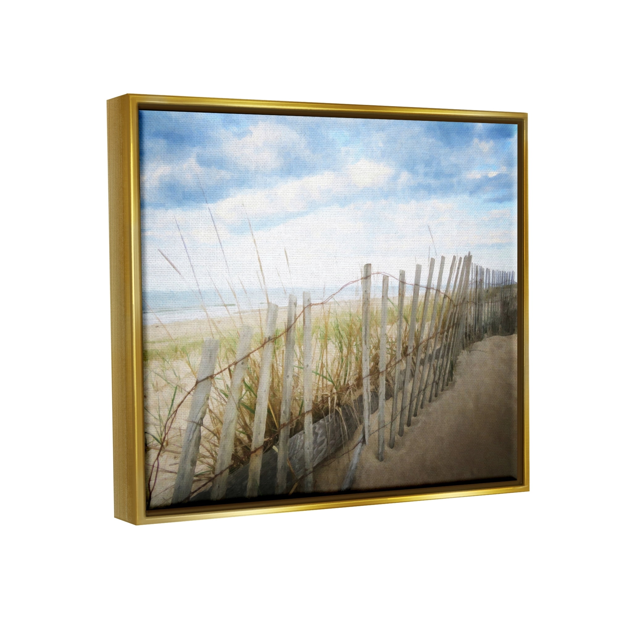 Stupell Industries Seaside Boardwalk Ocean Sand Fence Beach Grass Graphic Art Metallic Gold Floating Framed Canvas Print Wall Art, Design by Graffitee Studios