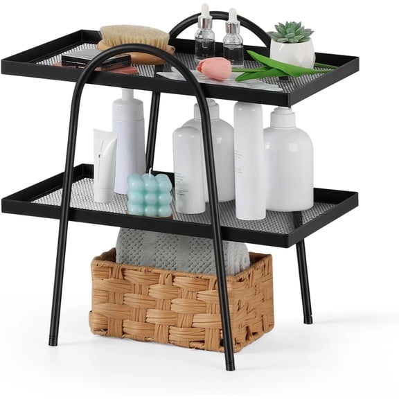 2 Tier Bathroom Counter Organizer, Metal Waterproof Mesh Skincare & Makeup Display Rack Vanity Countertop Storage Shelf Multipurpose Organizer for Kitchen Bathroom Sink Black