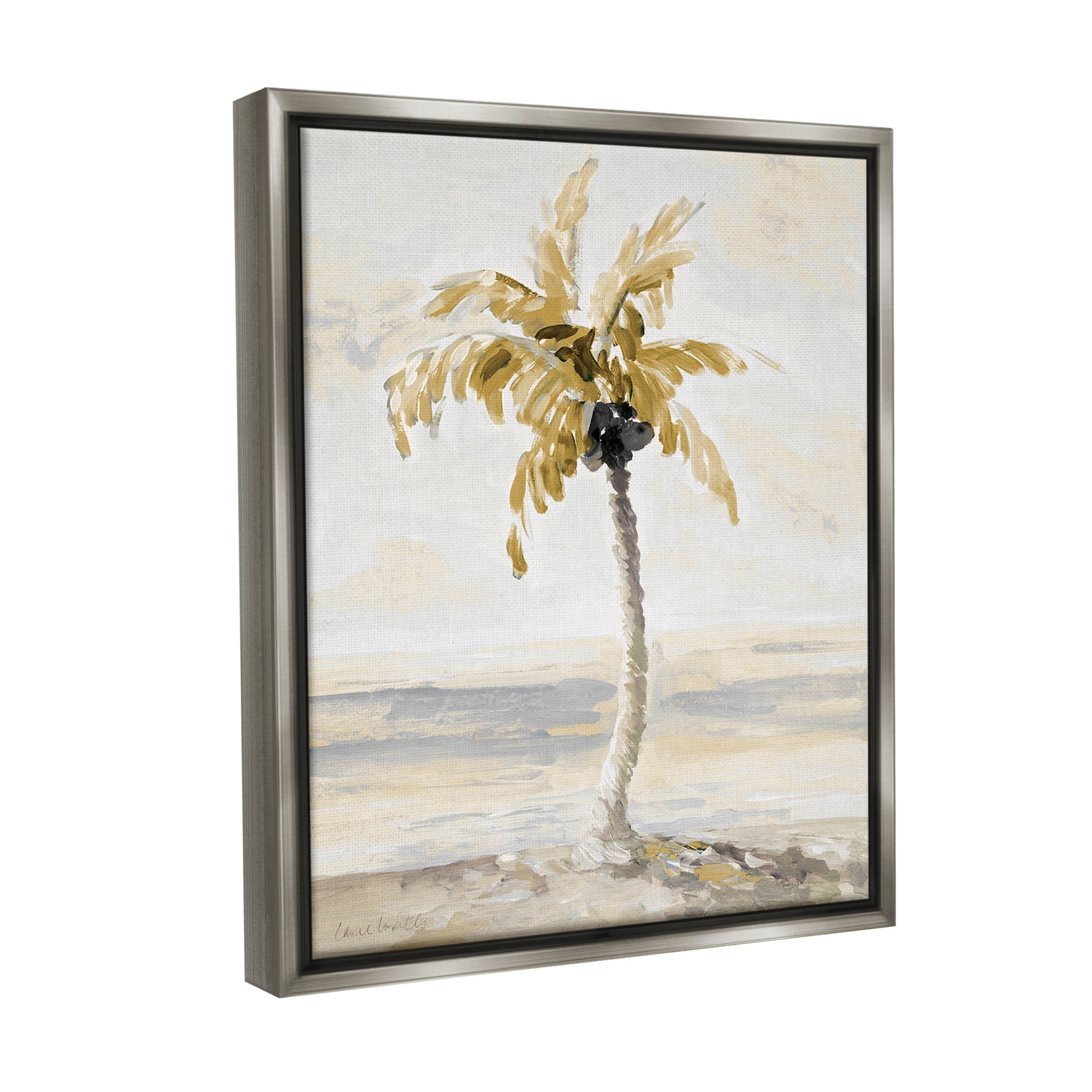 Stupell Industries Neutral Lone Palm Tree Landscape Painting Gray Floater Framed Canvas Art Print Wall Art, 17 x 21