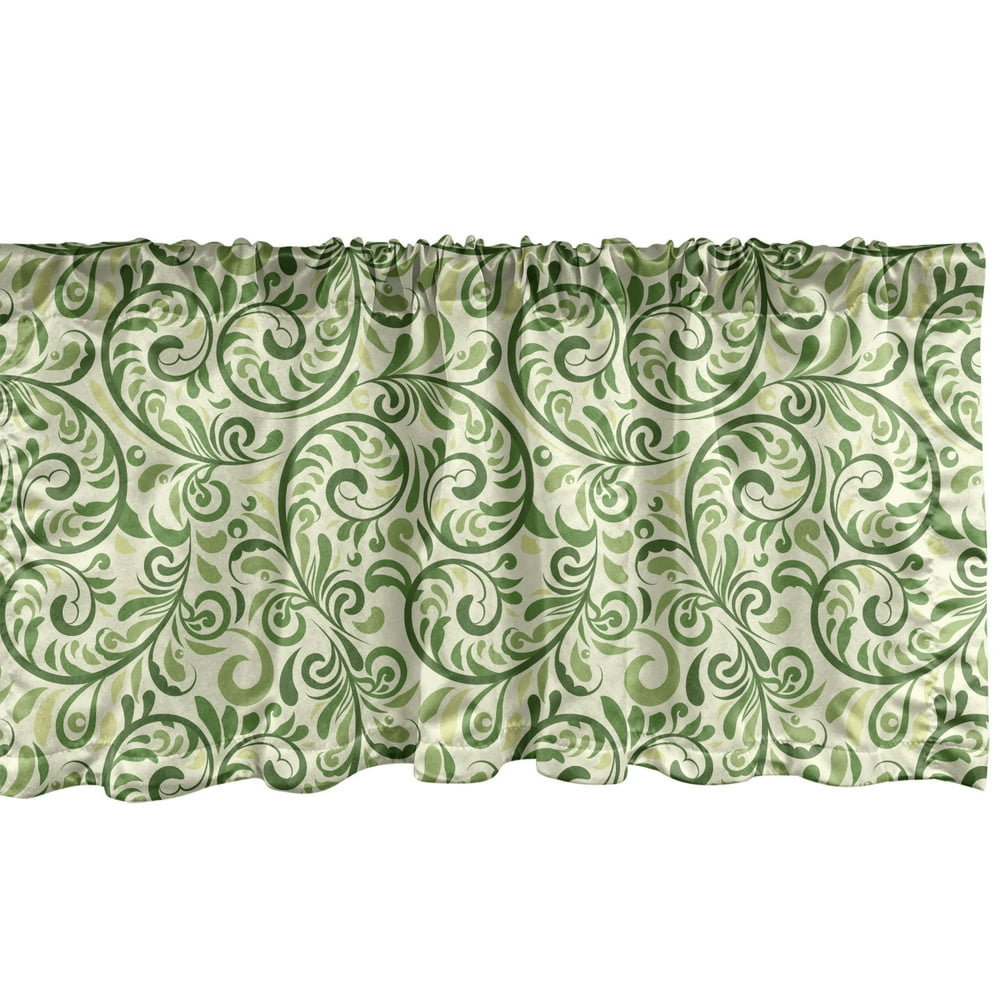 Ambesonne Green Window Valance, Swirled Curly Abstract Leaves with