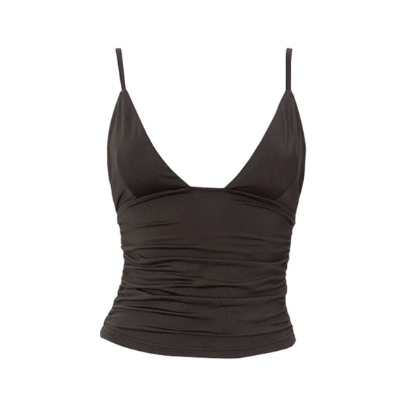 Fshinging Essentials Women's Tank Top Deep V Neck Ruched Crop Slim Fit Spaghetti Straps Going Out Shirt Y2K Layering Shirts Black L