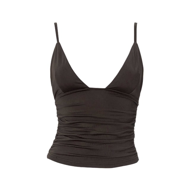 Camiseta sexy de tirantes finos con escote en V profundo y fruncido para mujer - Top ajustado - Poliéster - Para salir/playa/fiesta