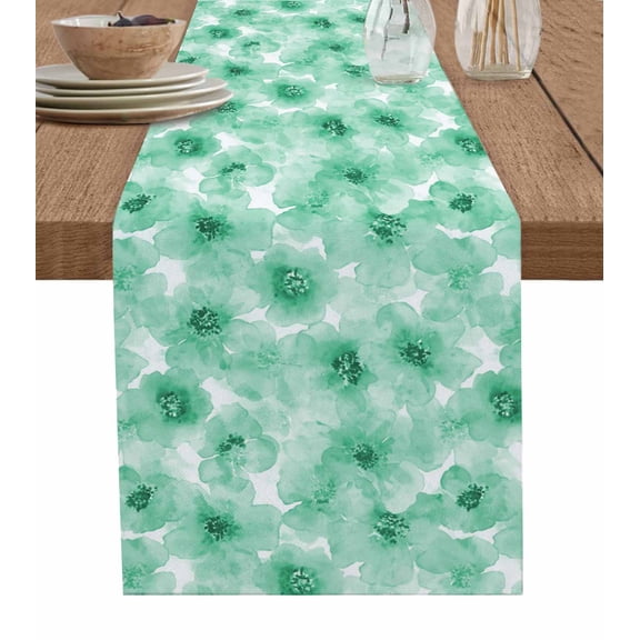 Green Flowers Table Runner 120 Inches, Vintage Floral Leaves Pastoral Country Bed Runner Dresser Scarves Tabletop for Indoor Outdoor Parties/Ceremony/Banquet, 13"x 120"