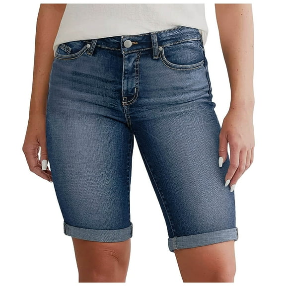 Bwdbhd Shorts Women Jeans Shorts Women Knee-Length Shorts Denim Stretch Plus Sizes Fashion Casual Loose Denim Shorts Summer High Waist Pant Jean With Pocket Blue,L